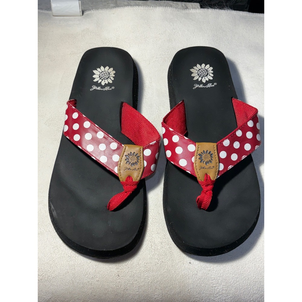 Yellow Box Red Polka Dot Flip Flop Sandals Womens Size 9 Black Foam Sole